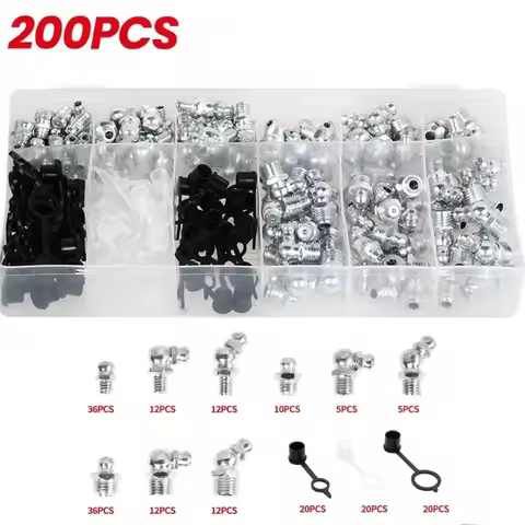 200Pcs Zerk Grease Nipple Fittings Set Oil Cup Butter Nipple with Dust Cap Straight 90-Degree 45-Deg