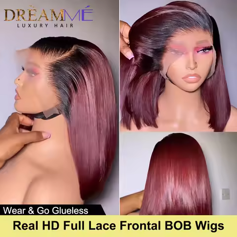 1b99j Colored Short Bob Glueless Human Hair Wig Wear and Go 13X4 Real HD Lace Front Wigs Melt Skins 