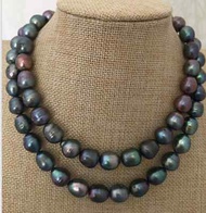 Pretty Natural Genuine 10-12mm tahitian black Green baroque pearl necklace 34''