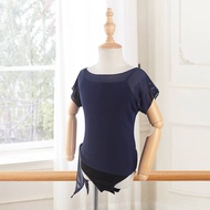 Girls Dance Tops Mesh T-shirt Short Sleeve Gauze Blouse Side Tethered Design for Summer