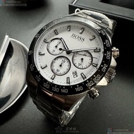 BOSS手錶,編號HB1513875,44mm銀圓形精鋼錶殼,白色三眼, 中三針顯示, 運動錶面,銀色精鋼錶帶款