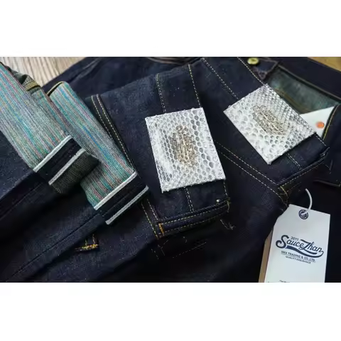 SAUCE ZHAN Mens Jeans Rainbow Sanforized Selvedge Denim Jeans Man Python Skin Labels Regular Fit 14 