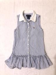 【低價出清】二手(女童)中國製 Polo Ralph Lauren 水藍色繡彩馬直條紋背心洋裝-4Y