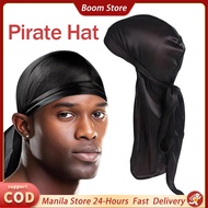 Soft Pirate Hat Silk Durag Hat For Men Women Bandana Durag Cap Fashion Extra Long Headwrap Black