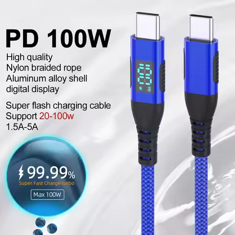 60W 100W Type C To USB C Cable Nylon Braided PD Fast Charging Cable with LED Display For lPhone 15 1