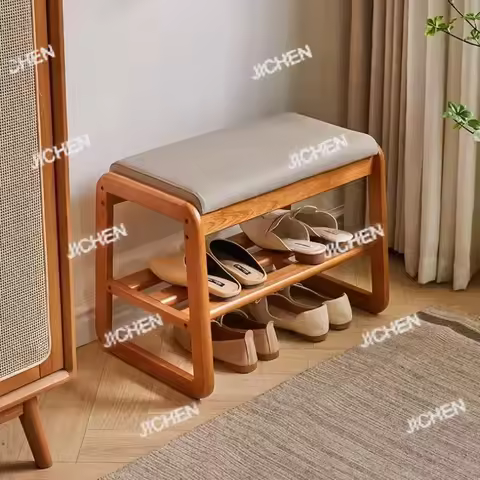 JC Solid Wood Shoe Cabinet with Soft Cushion Integrated Living Room Bench and Shoe Changing Stool 2-