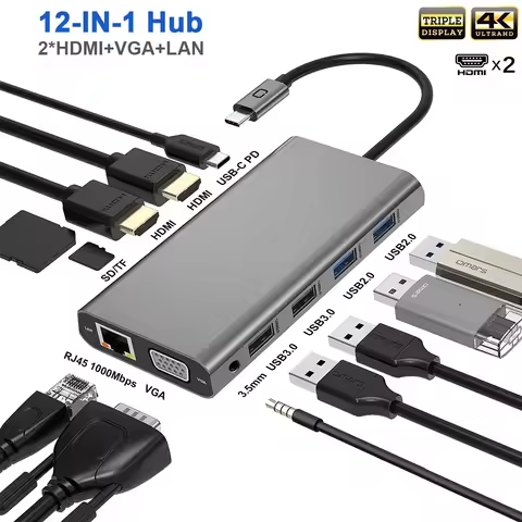 USB C Hub Triple Display Dual Monitor Adapter Laptop Hub USB C to 2 HDMI 4K VGA Ethernet 100W PD 4US