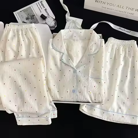 Polka Dot Elegant Women 3PCS Pajama Set Sleepwear Pajama Set Top and Pant with Shorts 3 Piece Set Ho