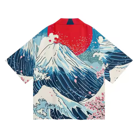 Plus Size 4XL 6XL Volcano Waves Print Beach Japanese Samurai Cosplay Kimono Cardigan Men Shirts Haor