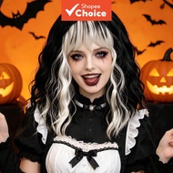 Black White Split Dye Mid Wavy Bob Wig Synthetic Hair Curtain Bangs Cruella Halloween Cosplay Costum