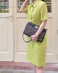 1980年代Christian Dior海軍藍Trotter緹花帆布皮革肩背包