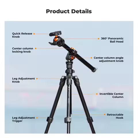 K&F Concept Camera Tripod Rotatable 76.7 inch Multi-Angle Center Column Lightweight Travel DSLR 8kg/