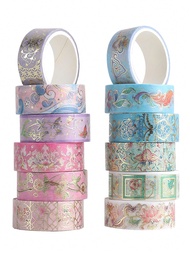 12pcs Blooming Flower Washi Tapes Set, Golden Foil Floral Masking Tape, 6.5ft Each 0.59in Wide, Adhe