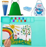 Silicone Art Mat for Kids - 24" x 16" Silicone Painting Mat for Kids with Apron, Paint Brushes, Sponge Brush &amp; Drawstring Bag - Versatile Craft Mat for Table with Color Dividers &amp; Brush Cleaning Cup