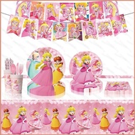 Mario Princess Peach Party decorations tablecloth set flag banner tableware disposable fork spoon plates