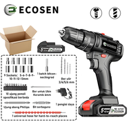 ECOSEN Mesin bor 2 baterai Bor cas listrik Bor Tanpa Kabel Electric Drill Bor Cordless Drill Battery