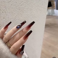 穿戴甲 nails Autumn Winter Pure Hand-Weared Nails Flashing Diamonds Crooked Heart Super Long Fake Nails