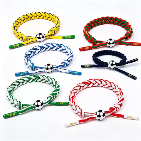 Adjustable Flag Color Braided Bracelet Sports Event Souvenir Bracelet with Soccer Ball Charm Cheer W