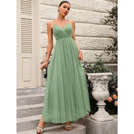 SShine Belle Elegant And Romatic Sage Green V-Neck Tulle Bridesmaid Dress