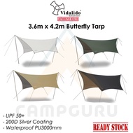 VIDALIDO Butterfly Shape Tarp 3.6m x 4.2m BLACK / SILVER Coating Camping Tent Tarp Flysheet Waterproof UV-proof Shelter