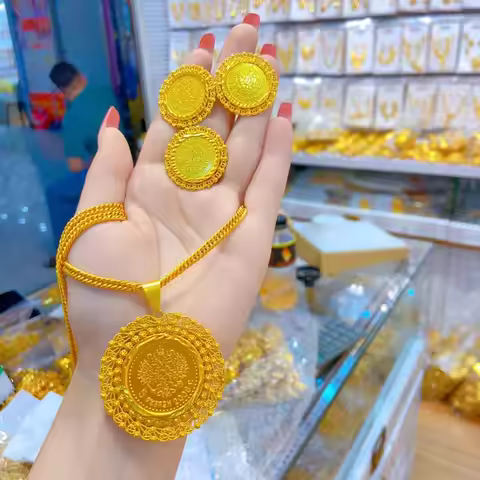 New 24K Gold Plated Dubai Jewelry Bridal Wedding Necklace Ring Women's Earrings Fashion Gift Three P