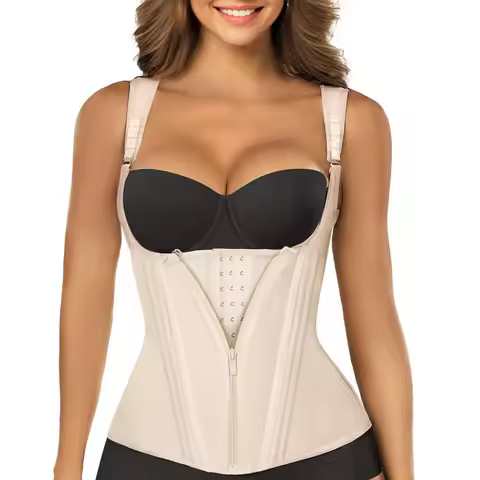 1pc Plus Size Adjustable Zipper Waist Trainer Corset with Boning, Double Layer Double Compression Be