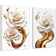 ZXHYWYM Abstract White & Gold Rose Wall Decor 2 Panels Elegant Blooming Rose Flowers Canvas Art Prin