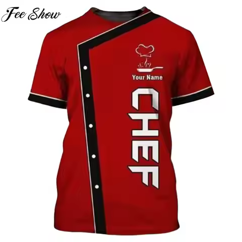 Mens Short Sleeve 3D Print T-shirt Chef Uniform Cook Food Service Tops for Hotel Restaurant Kitchen 