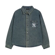 MLB洋基隊NY24新款 刺繡情侶牛仔外套男女刺繡復古運動長袖襯衫牛仔衣