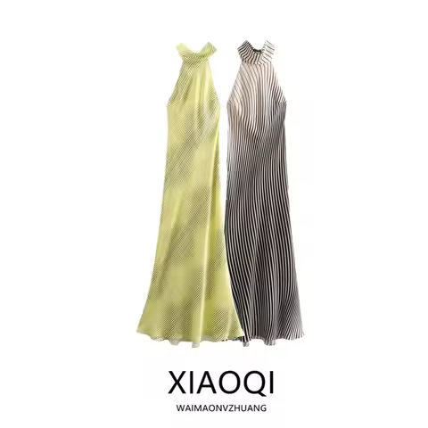 Summer 2024 Women's Midi Dr Silk Satin Stripe Neline ter Gown Quali Ele Faionable Svel Summer Dr