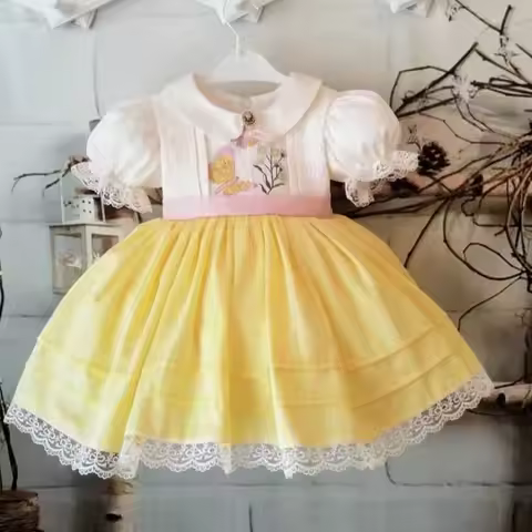 0-12Y Baby Girl Summer Butterfly Embroidery Turkish Vintage Yellow Dress for Birthday Easter Eid Hol