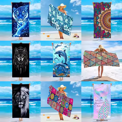 Extra Large Microfiber Beach Towel with Bright Ocean and Mandala Flower Design - Quick Drying, Super