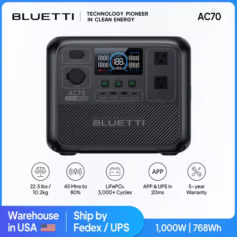[US Plug] BLUETTI AC70 768Wh 1000W Portable Power Station Sloar Generator Camping Fishing Disaster P