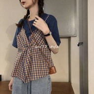 Women's Korean-Style Loose Slimming Lace-up Plaid T-shirt