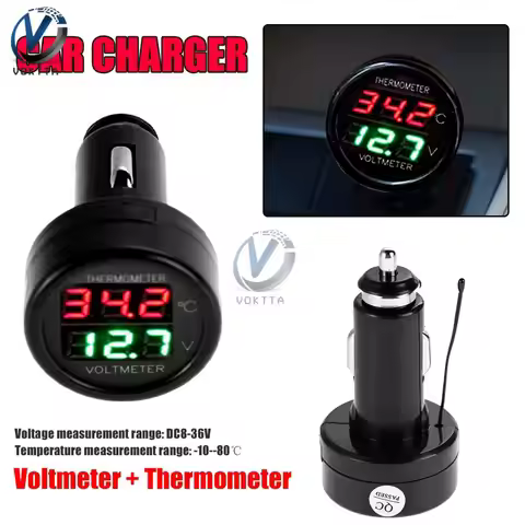 DC 12V 24V Digital Car Voltmeter Thermometer Cigarette Lighter Style 2 in1 Battery Monitor Voltage T