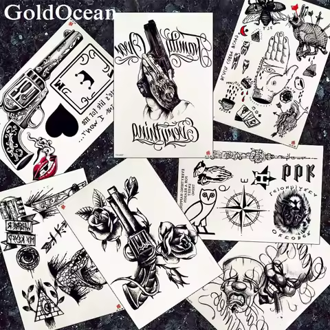 Waterproof Black Fake Tattoos Stickers Women Arm Gun Flower Tattoos Temporary Compass Men Neck Chest