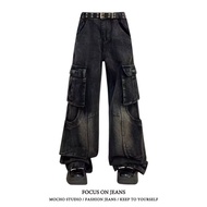 High Street Loose American-Style Retro Overalls Wide-Leg Draping Mop Women's Straight plus Size-Pock