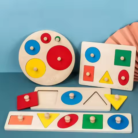 Montessori Wooden Puzzle Board Knob Wood Puzzle Geometric Shape & Color Sorter Puzzle Early Educatio