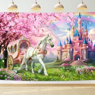 Princess Castle Backdrop Polyester Fabric Pink Sakura Rainbow Flowers Floral Fantasy Fairy Tale Wond