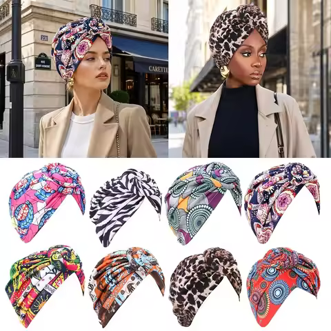 New African Print Hijab Caps Pleated Knotted Style Islamic Headband Elastic Wrap Floral Head Wrap Al