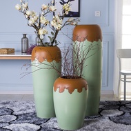 S/🌔Jingdezhen Ceramic Vase Three-Piece Set American Country Ceramic Floor Stand Vase Retro Ornaments Large Vase AQUA