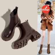 Duoya Factory Straight Hair~[ Ready stock] Chelsea Short Boots Women Autumn Fleece Lining Cigarette Cotton Shoes Thick-Soled Brown Martin Boots British Style Free Shipping