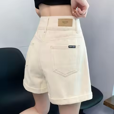 Beige Denim Shorts Womens High Waist Straight A-line Short Jeans Slim Pants Woman Jeans Camisa Femin