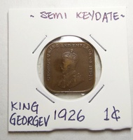 Straits Settlements Malaya British King George V Old Coin  1 Cent Year 1926 ( Semi Keydate)
