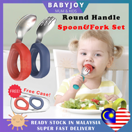 BABYJOY 2pcs Round Handle Fork and Spoon Set Sudu Garfu Baby Feeding Set Stainless Steel Baby Spoon and Fork Set Sudu Baby