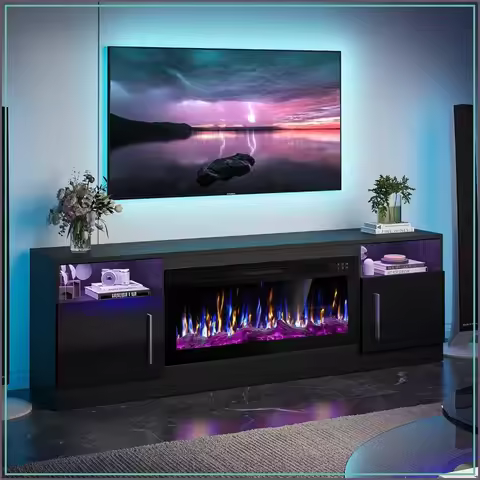 Fireplace TV Stand, Modern Entertainment Center with Heating Fireplace, 70 inch