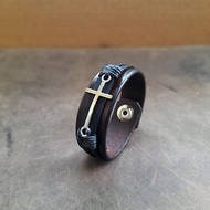 Silver Cross Leather Bracelet, Handmade Mens Leather Cuff