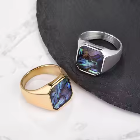 Classic Gold Sliver Color Abalone Shells Finger Ring Men Punk Party Smooth Stainless Steel Rings Mal