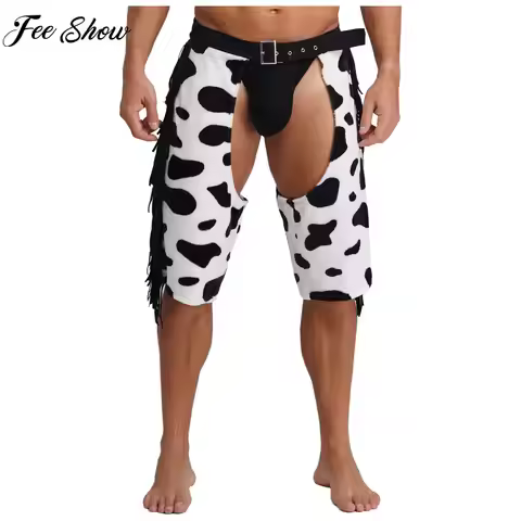 Men Halloween Vintage Western Cowboy Costume Tassels Cow Print Flannel Open Butts Crotchless Shorts 