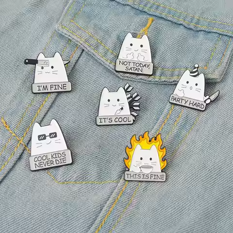 I'M FINE Enamel Pins Custom COOL KIDS NEVER DIE NOT TODAY SATAN Cat Brooch Lapel Badge Fun Cartoon J